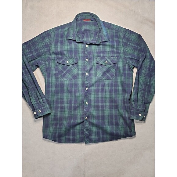 Design in Italy Men's Large Green Blue Plaid Flannel Long Sleeve Button Up Shirt - Picture 1 of 9